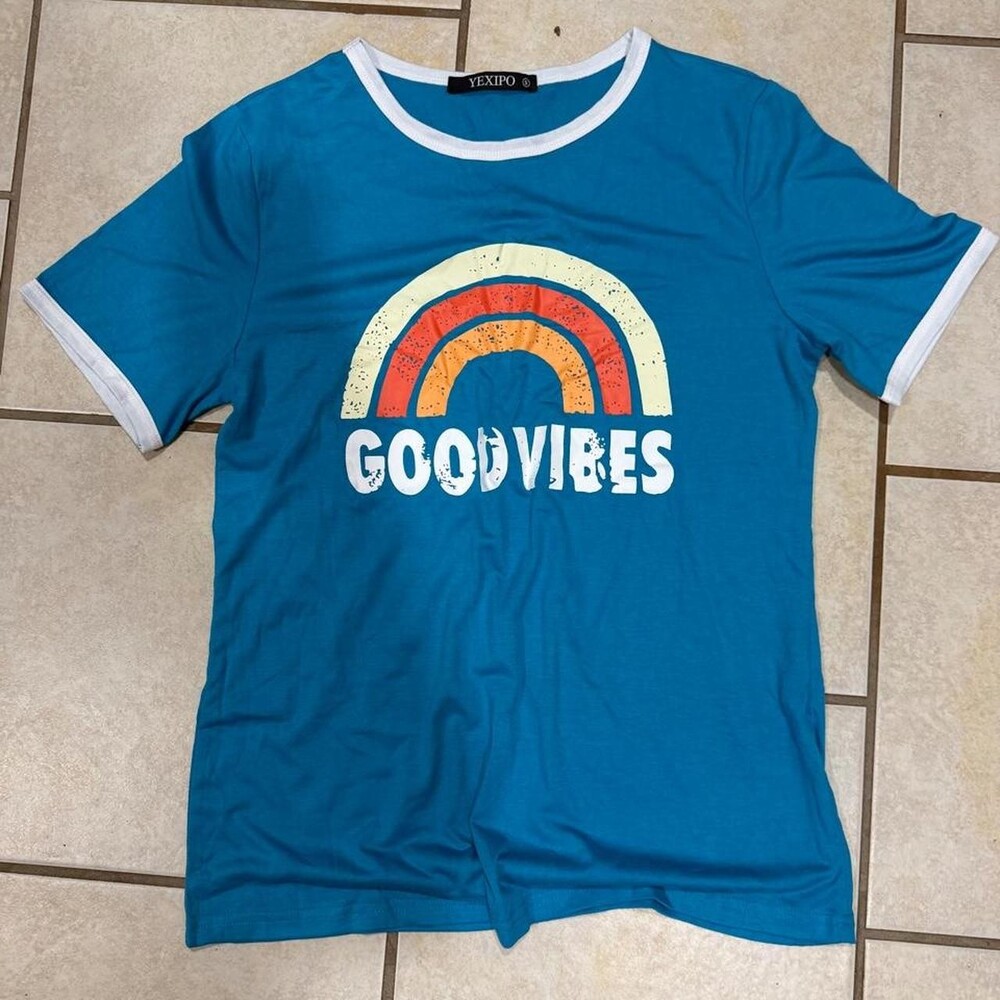 Yexipo women’s blue tee with good vibes graphic. Size S #summer